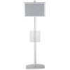 free-standing-stand-in-silver-color-with-1-x-11X17-frame-in-portrait-and-landscape-and-1-x-8.5x11-clear-pocket-shelf-single-sided