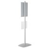 free-standing-stand-in-silver-color-with-1-x-11X17-frame-in-portrait-and-landscape-and-1-x-8.5x11-clear-pocket-shelf-single-sided