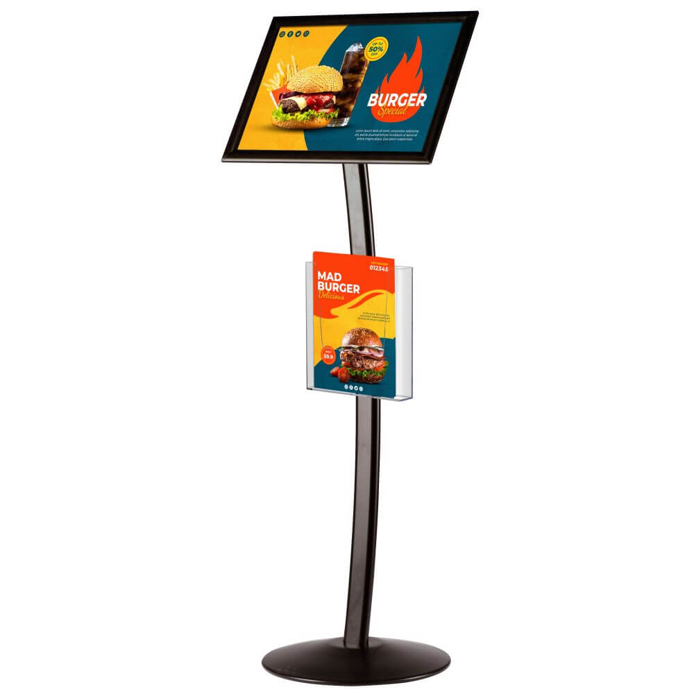 Black 11×17 Inch Pedestal Sign Holder with Clear Brochure Holder Menu Board  Floor Standing – Displays Outlet – Online Display Signs Retailer