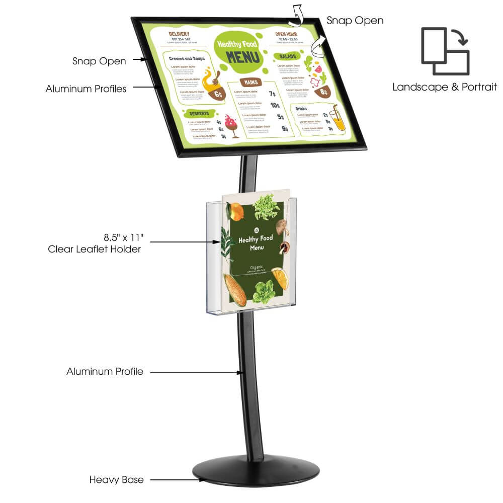Black 18×24 Inch Pedestal Sign Holder with Clear Brochure Holder Menu Board  Floor Standing – Displays Outlet – Online Display Signs Retailer