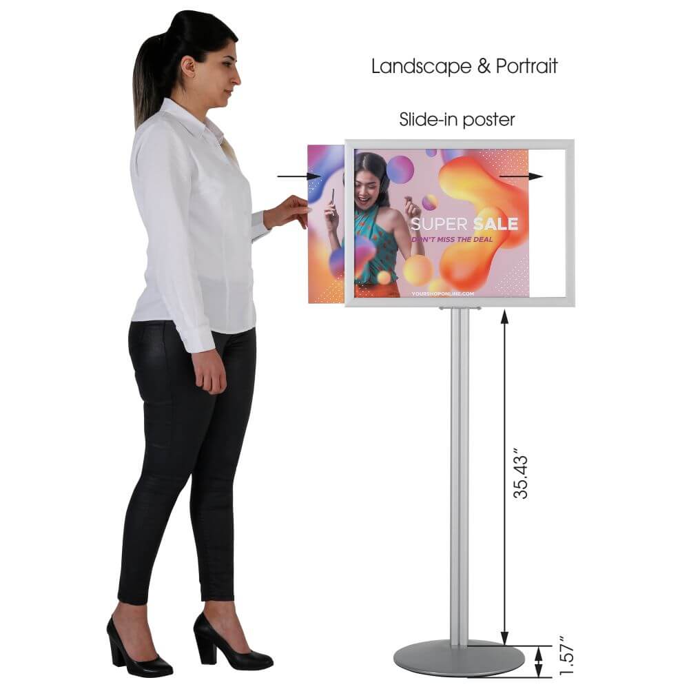 Double-Sided Poster Stand for 24x36 Graphics, Floor-Standing Sign Holder  with Height-Adjustable Front-Loading Frames - Silver Aluminum (BP8D2436) 