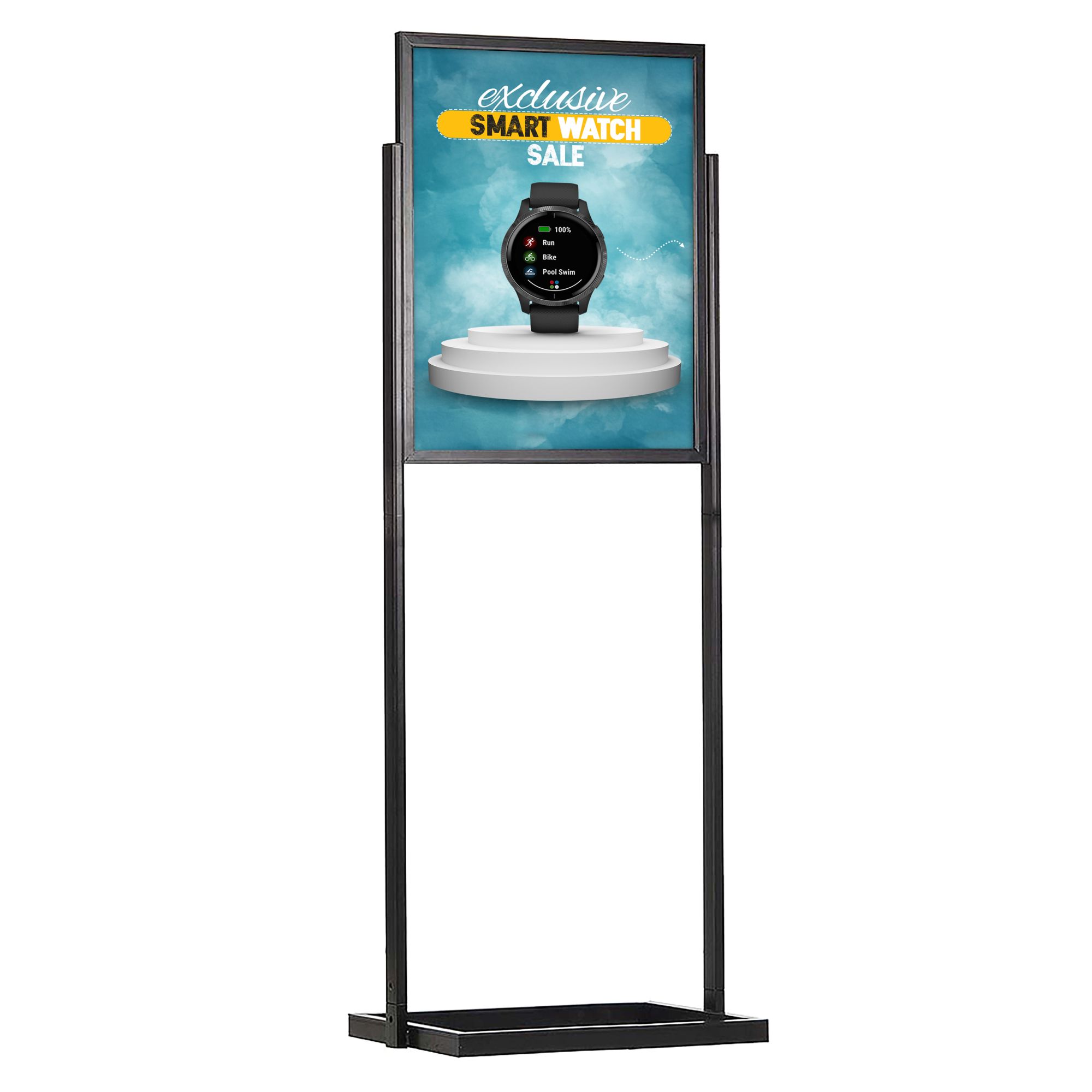 24 x 84 Mounted Graphic Poster Board Floorstand with Solid Steel Base,  Silver or Black